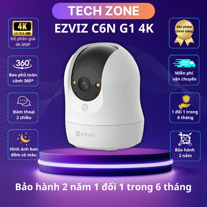 Camera  Ezviz H6C PRO độ phân giải 4K, ban đêm có màu, đàm thoại 2 chiều, cảnh báo còi hú