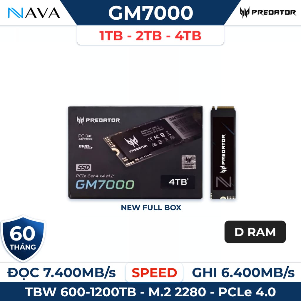 SSD Predator GM7000 1TB 2TB 4TB NVMe Gen 4 PCIe Có DRAM Tốc độ Cao, Có HeadSink tích hợp, BH 5 năm