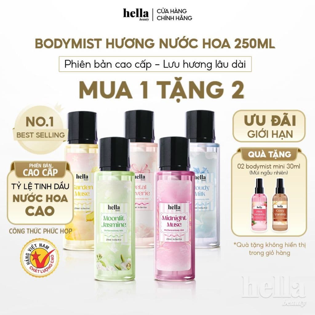 Xịt thơm body mist hương nước hoa cao cấp Hella Beauty 250ml lưu hương lâu hơn không nồng gắt bết dính trên da