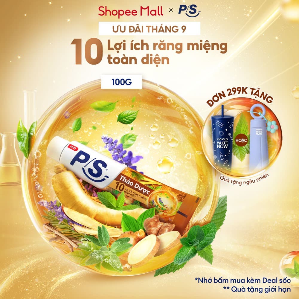 Kem đánh răng P/S Thảo Dược 100g/150g, cho 10 lợi ích toàn diện, như giảm ê buốt, trắng răng, hơi thở thơm mát