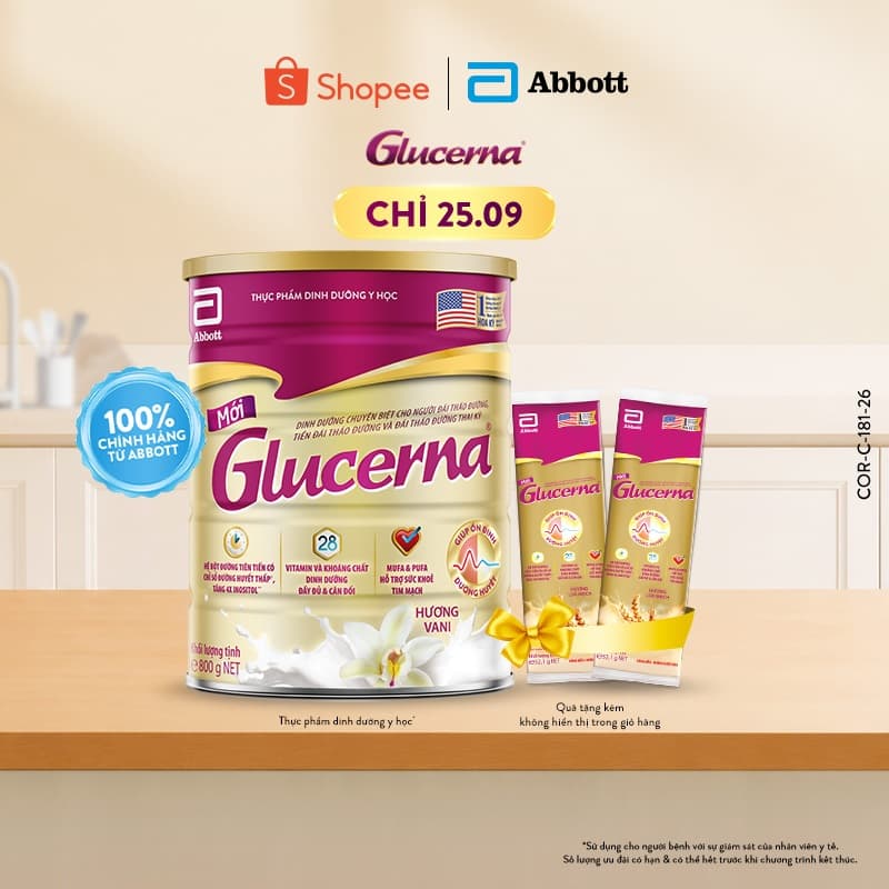 [Tặng 2 gói dùng thử] Sữa bột Glucerna Hương Vani 800g dành cho người bị tiểu đường