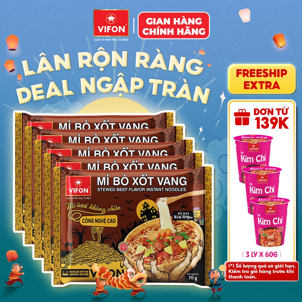 [Combo Halloween] Set 5 Gói Mì Tươi Bò Xốt Vang/Thịt Bằm/Tôm Chua Cay VIFON - Sợi Dai Ngon, 70g/Gói