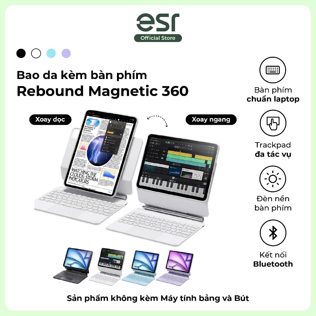 Bao da kèm bàn phím iPad ESR Magnetic Rebound 360 Bảo vệ toàn diện 3 góc xem cho Air 11" 13" (2024/2025/2026) Pin 180h