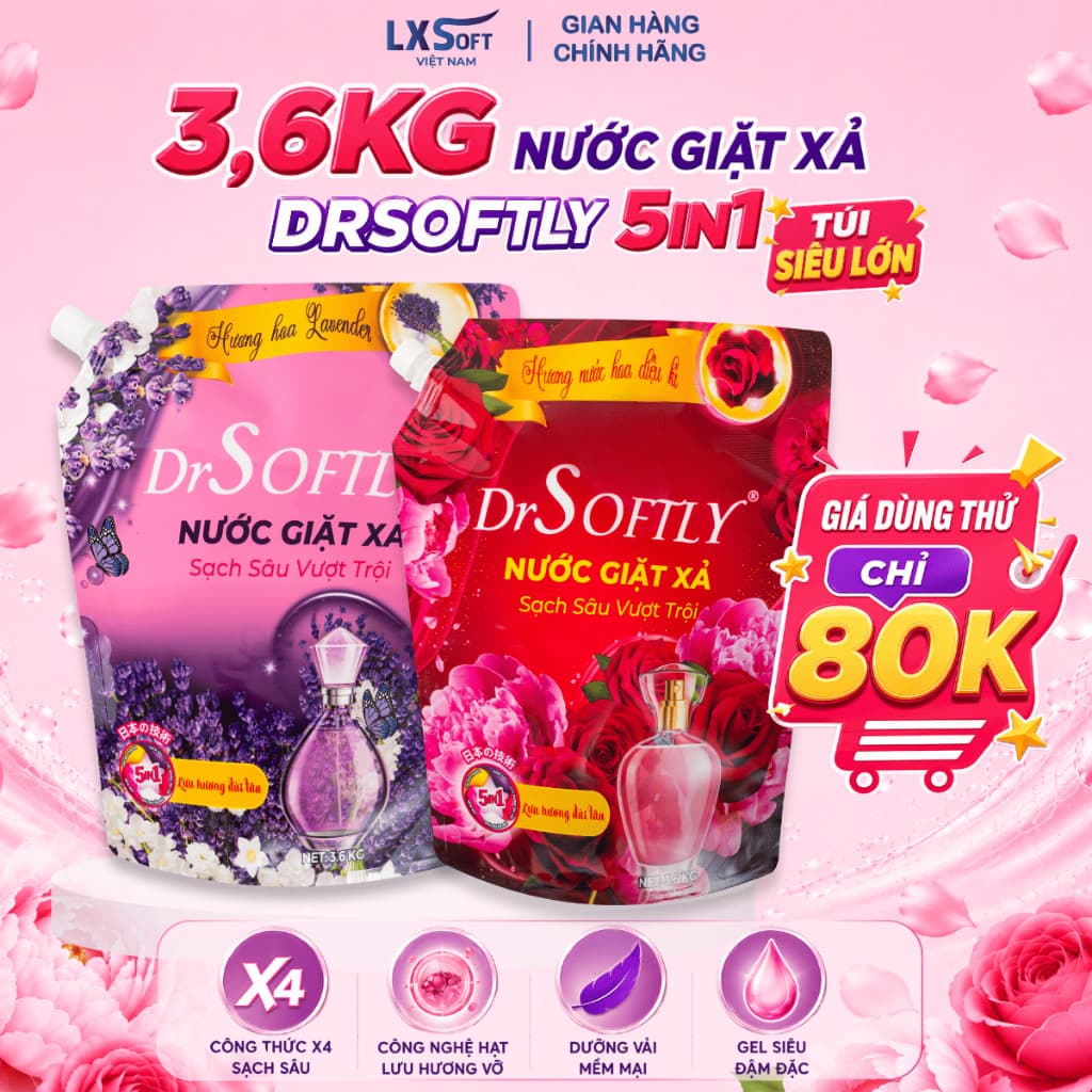 [ 3,6KG ] Nước giặt DrSoftly cao cấp Đậm Đặc giặt sạch, đánh bay vết bẩn cứng đầu, lưu hương dài lâu