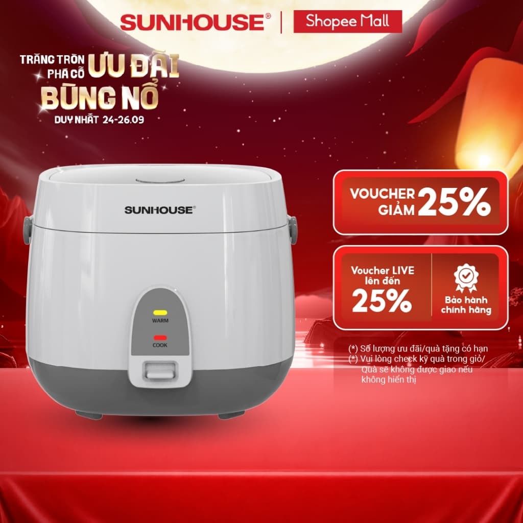 Nồi cơm điện 1.8L Sunhouse SHD8611- Lòng nồi: 1mm, chống dính 2 lớp vân đá, 4-6 người dùng - Sản xuất tại Việt Nam
