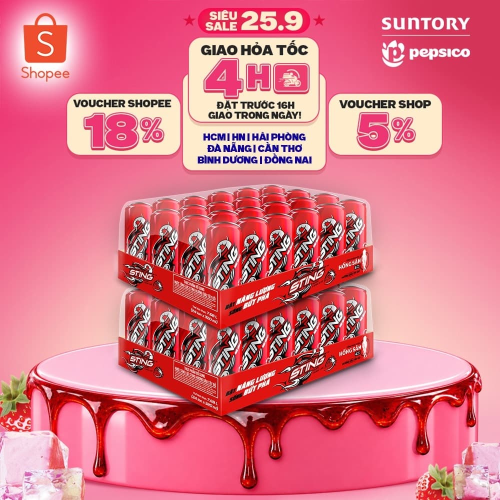 [Giao hỏa tốc] Combo 2 Thùng 24 Lon Nước Tăng Lực Sting Dâu (320ml/lon)