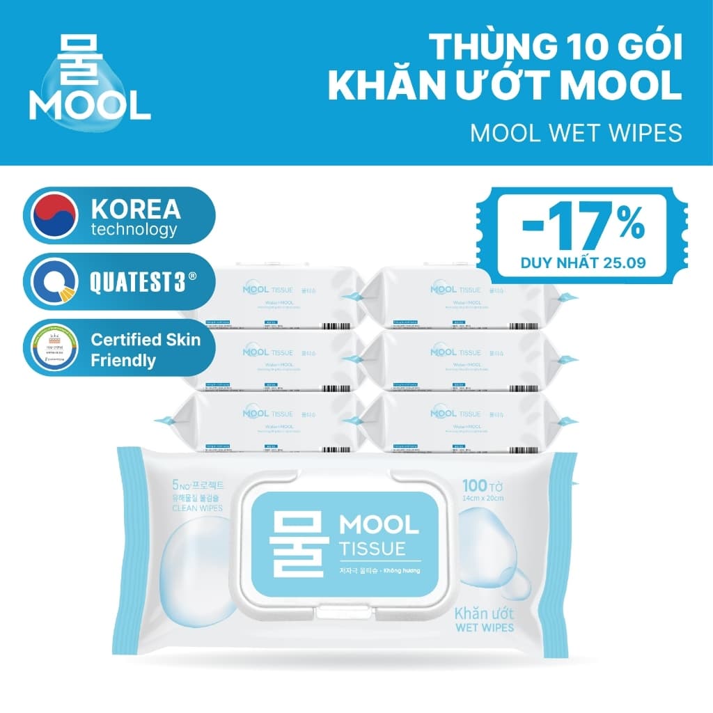 Thùng 10 gói Khăn ướt MOOL 100 tờ không hương, không paraben, dịu nhẹ cho da