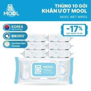 Thùng 10 gói Khăn ướt MOOL 100 tờ không hương, không paraben, dịu nhẹ cho da