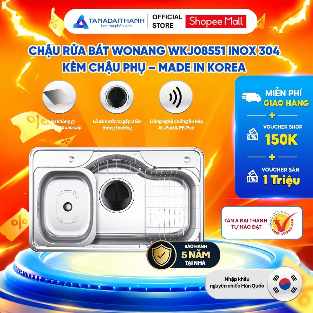 Chậu Rửa Bát Wonang WKJ08551 Inox 304 Nhập Khẩu Hàn Quốc Chính Hãng Bảo Hành 5 Năm