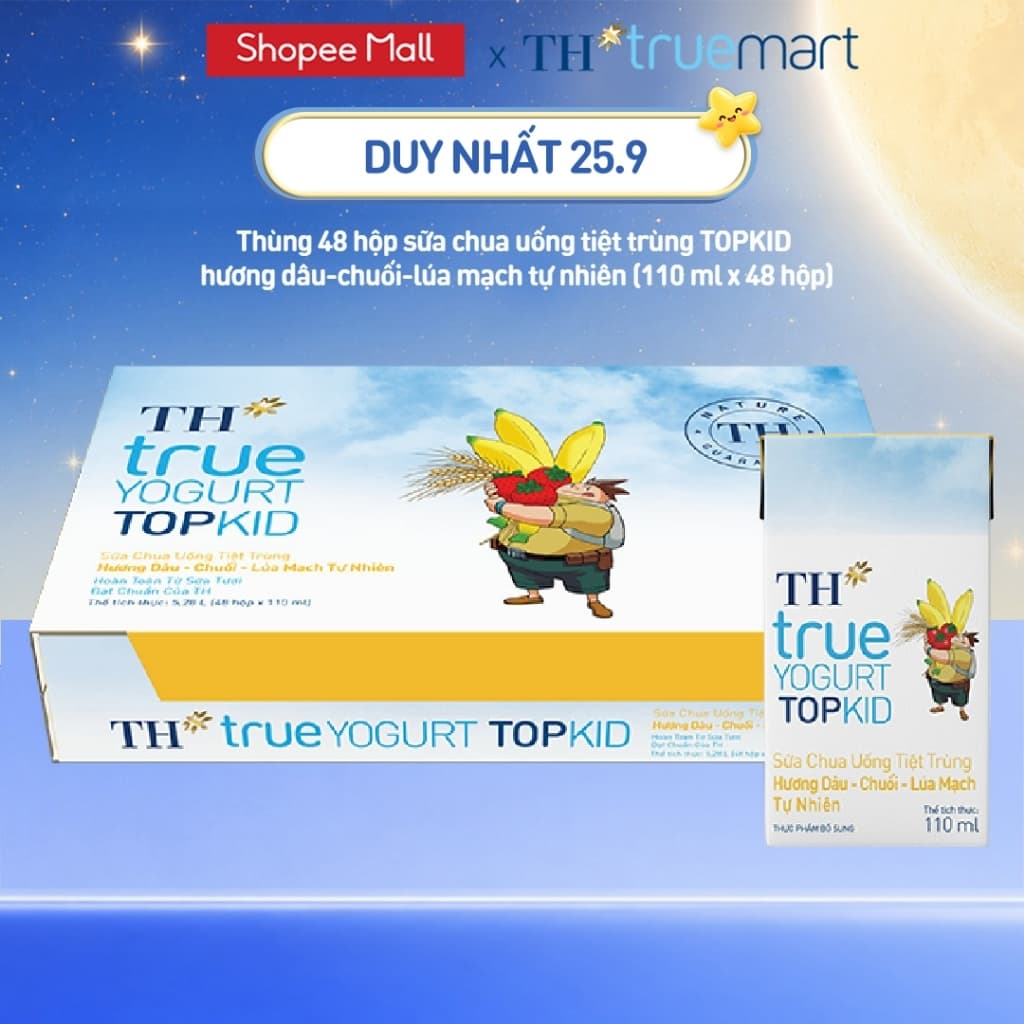 Thùng Sữa Chua Uống Tiệt Trùng TH true YOGURT TOPKID milk Hương Dâu-Chuối-Lúa Mạch 110ml (48 Hộp)