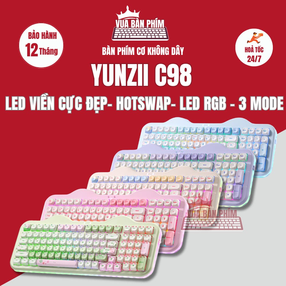 Bàn phím cơ Yunzii C98 không dây layout 98 phím led viền cực đẹp , hình mèo dễ thương mạch xuôi, keycap pbt doubleshot