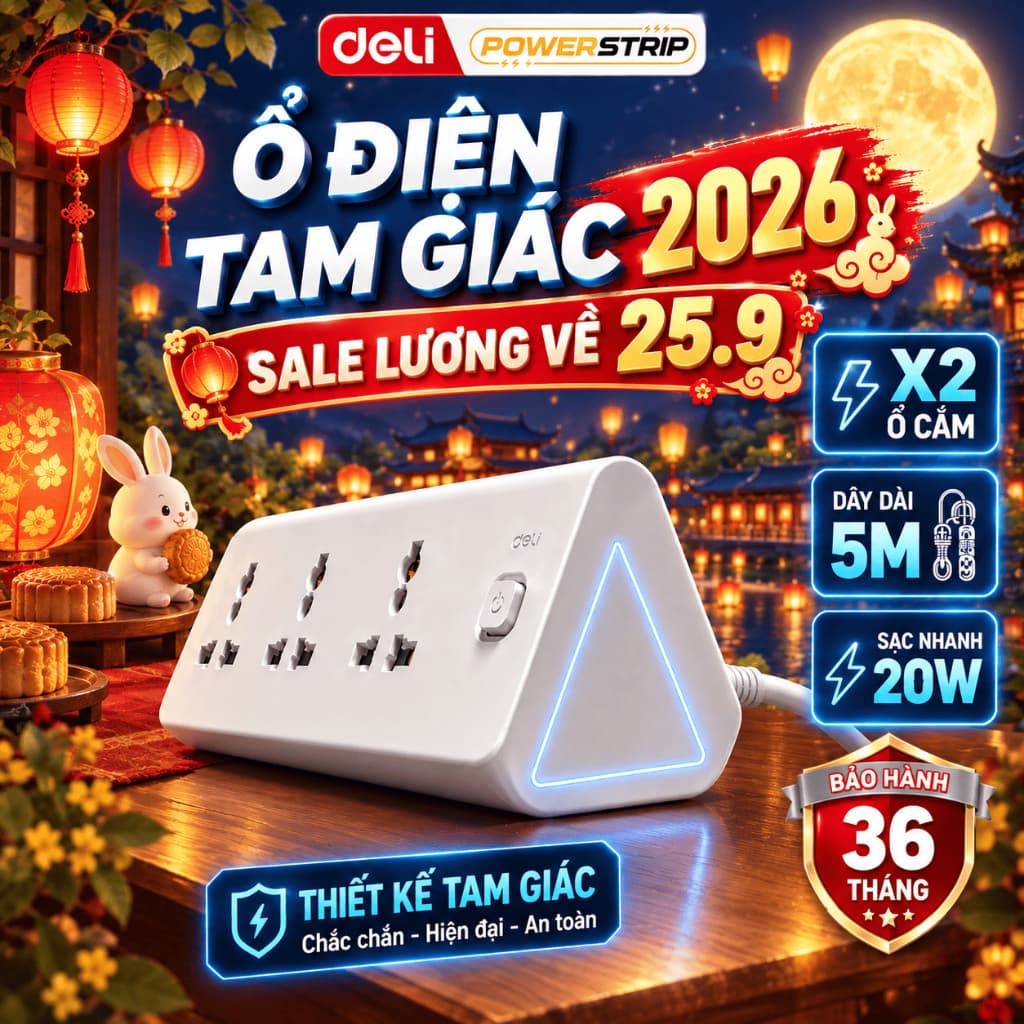 [BÁN CHẠY] Ổ Điện Đa Năng Deli, Ổ Cắm Tam Giác Tích Hợp USB và TypeC, Cổng Sạc Nhanh PD 20W Thông Minh