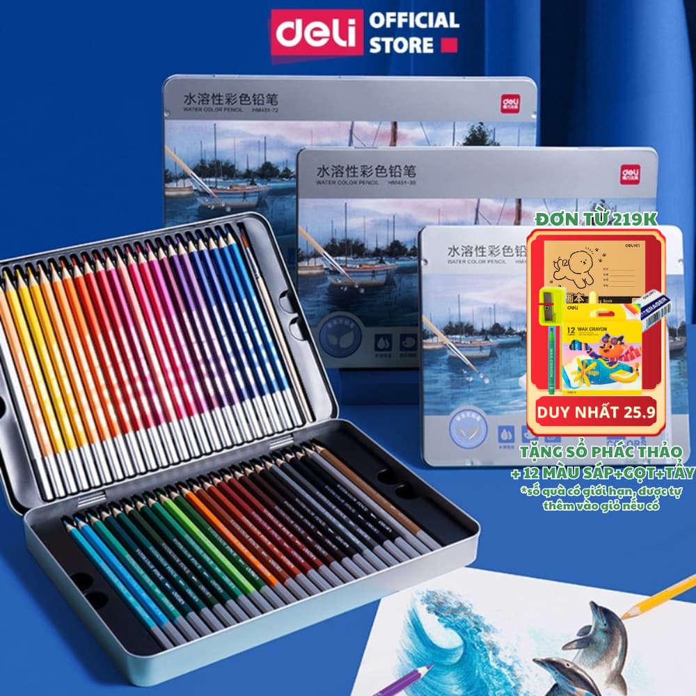 [🔥TẶNG CỌ+4 QUÀ] Bút Chì Màu Gốc Nước Cao Cấp Deli 24/36/48/72 Màu Hộp Thiếc - Tô Vẽ Tranh Chuyên Nghiệp