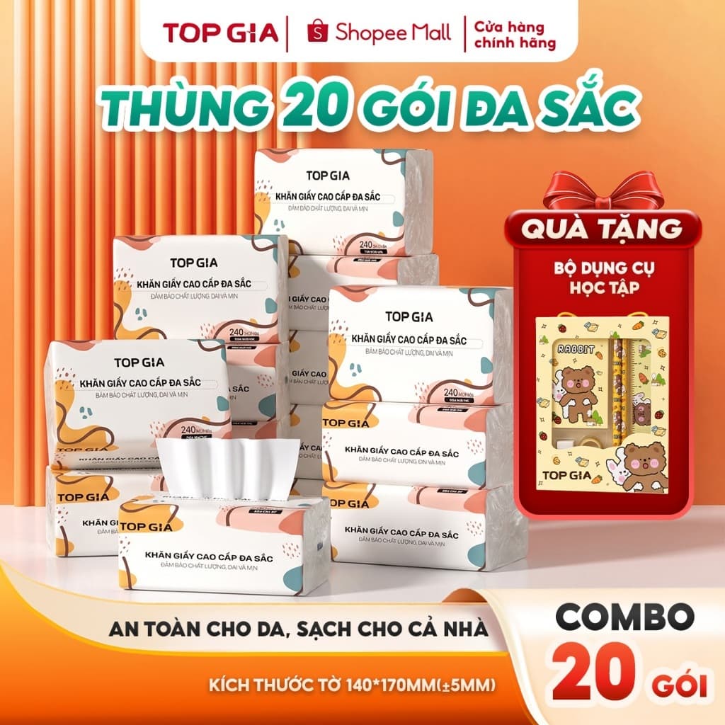 [Tặng bộ dụng cụ học tập] Thùng 20 gói giấy ăn đa sắc Topgia mềm mịn dập vân 4D