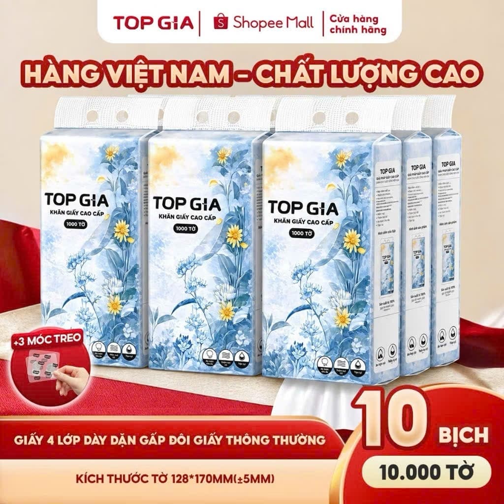 Khăn giấy cao cấp Mộc an Topgia hàng Việt Nam 4 lớp, 1000 tờ  tặng 3 móc treo tiện lợi