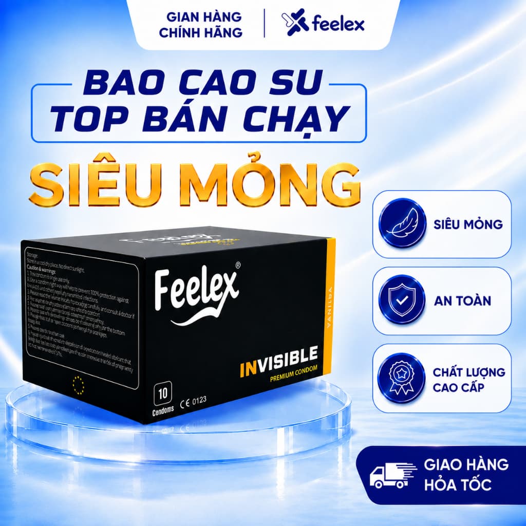 Bao cao su Feelex siêu mỏng, kéo dài thời gian, gân gai, nhiều gel bôi trơn - Hộp 10 bcs
