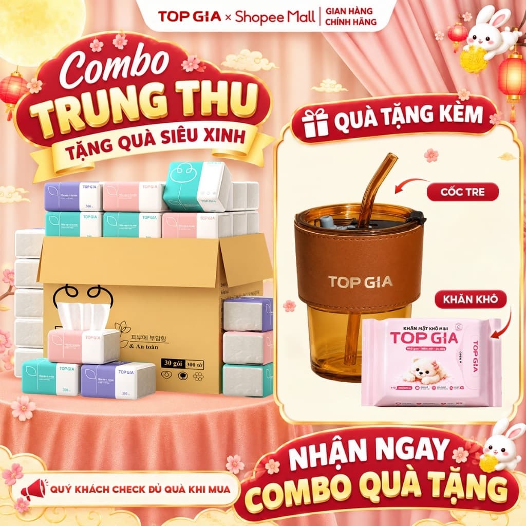 ( COMBO QUÀ TRUNG THU) Thùng 20 gói giấy ăn rút Topgia 3 màu cao cấp 4 lớp, mềm mịn
