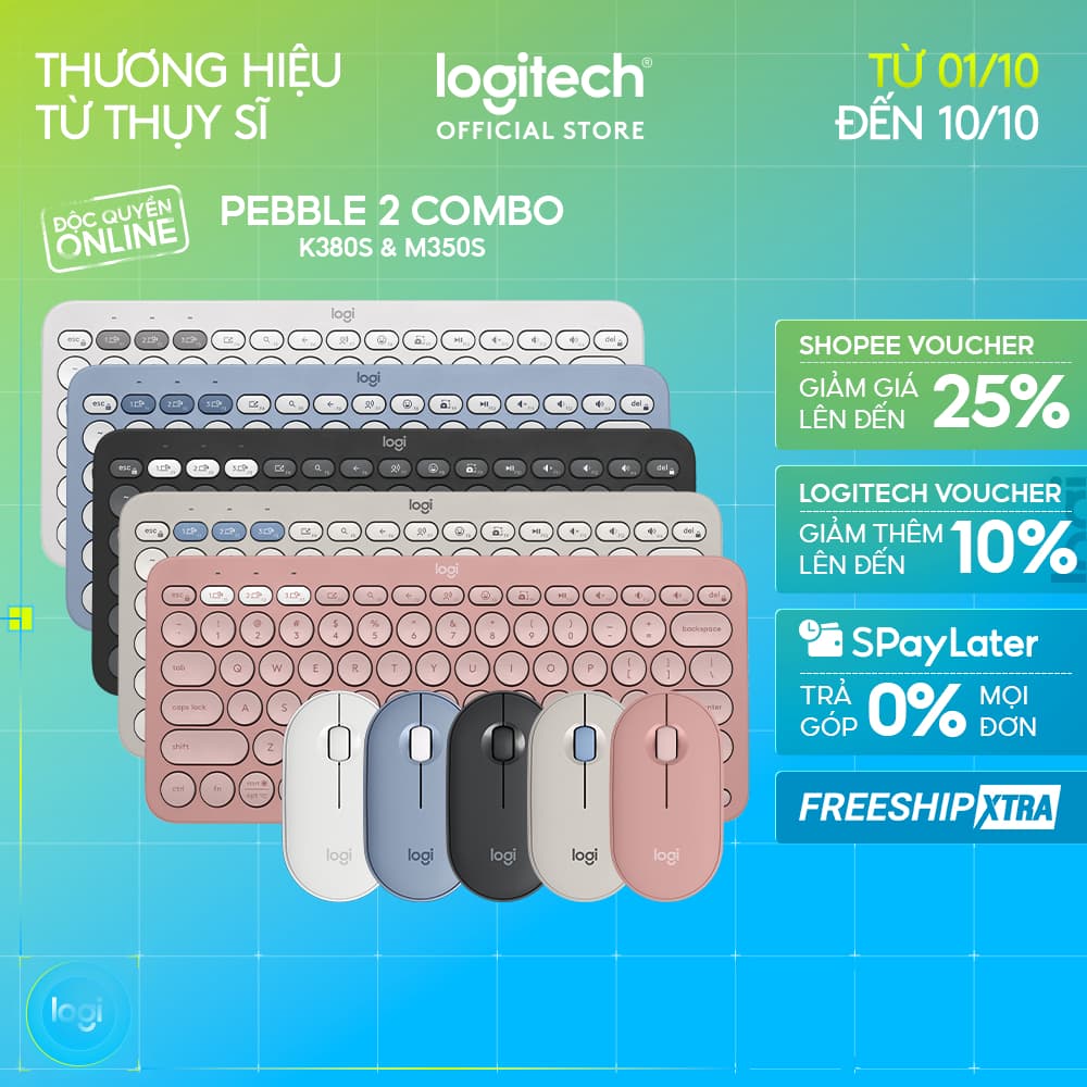 Pebble 2 Combo, Bàn phím Bluetooth Logitech K380s và chuột Logitech M350s - Yên tĩnh,  Easy-Switch