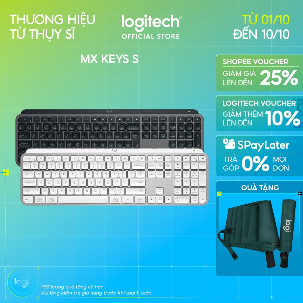 Bàn phím không dây Logitech MX Keys S - Low Profile yên tĩnh, Đèn nền, Bluetooth, Sạc USB-C