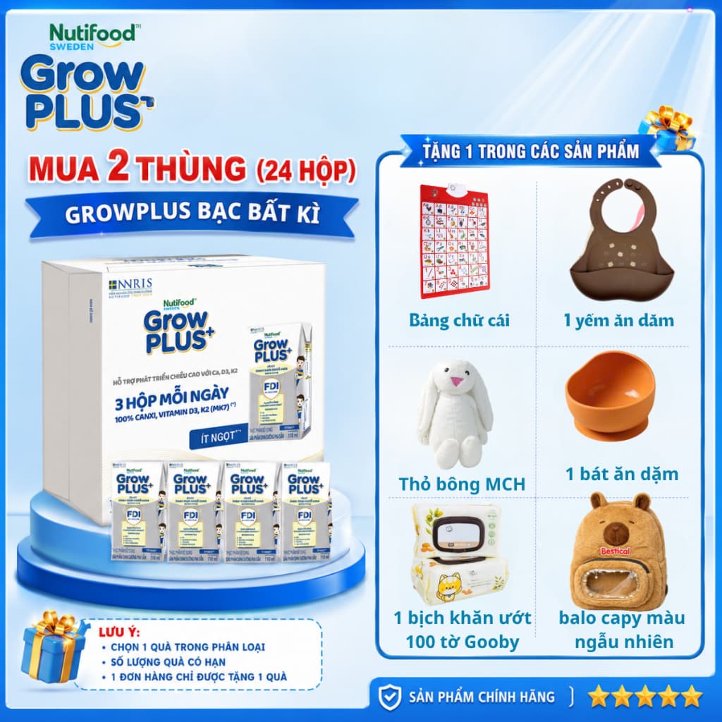[Combo 2 thùng] Sữa Bột Pha Sẵn Nutifood Sweden Grow Plus Cao lớn vượt trội 110ml/180ml MECAHEO ( 24 hộp/thùng)