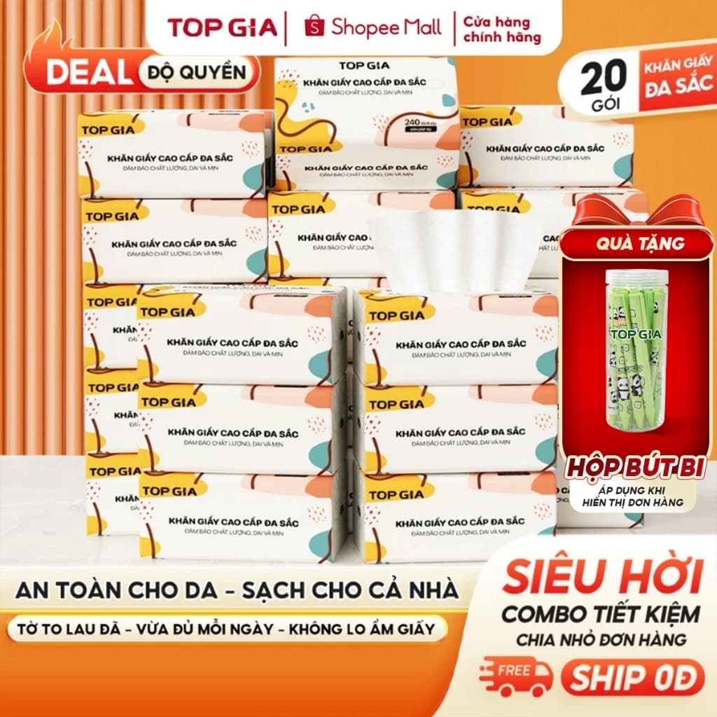 [Tặng hộp bút bi] Giấy ăn rút Topgia đa sắc cao cấp 240 tờ 4 lớp, dập vân 4D, mềm mịn, thấm hút tốt