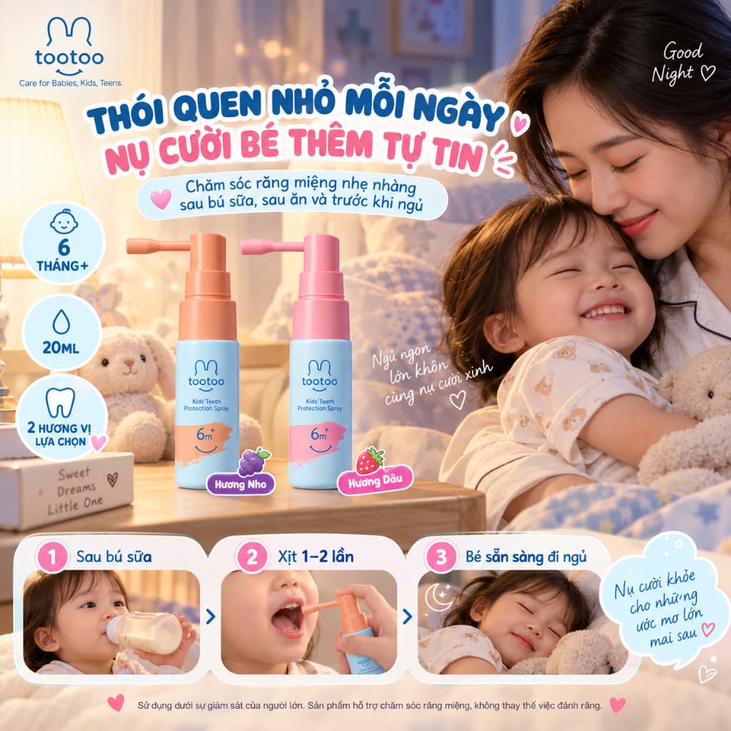Xịt chống sâu răng tootoo vị nho nuốt được không cay làm sạch mảng bám cho bé từ 6 tháng tuổi