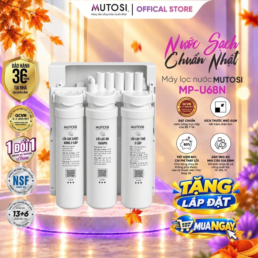 [ XẢ HÀNG DỌN KHO ] Máy Lọc Nước Để Gầm Tháo Lắp Thay Lõi Nhanh 3 Lõi 6 Cấp Lọc MUTOSI MP-U68N