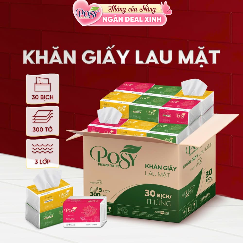 POSY_30 GÓI Giấy ăn rút cao cấp POSY LOTUS, Thùng 30 gói 300 tờ 3 lớp, mềm mịn tiện dụng