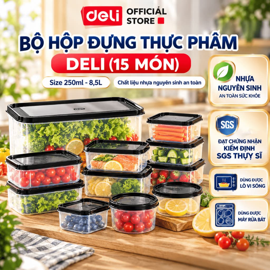 [HOT🔥] Bộ hộp 15 hộp đựng thực phẩm Nhựa PP5 Có Nắp DELI đủ size từ 250-1500ml dùng cho lò vi sóng, máy rửa bát, tủ lạnh