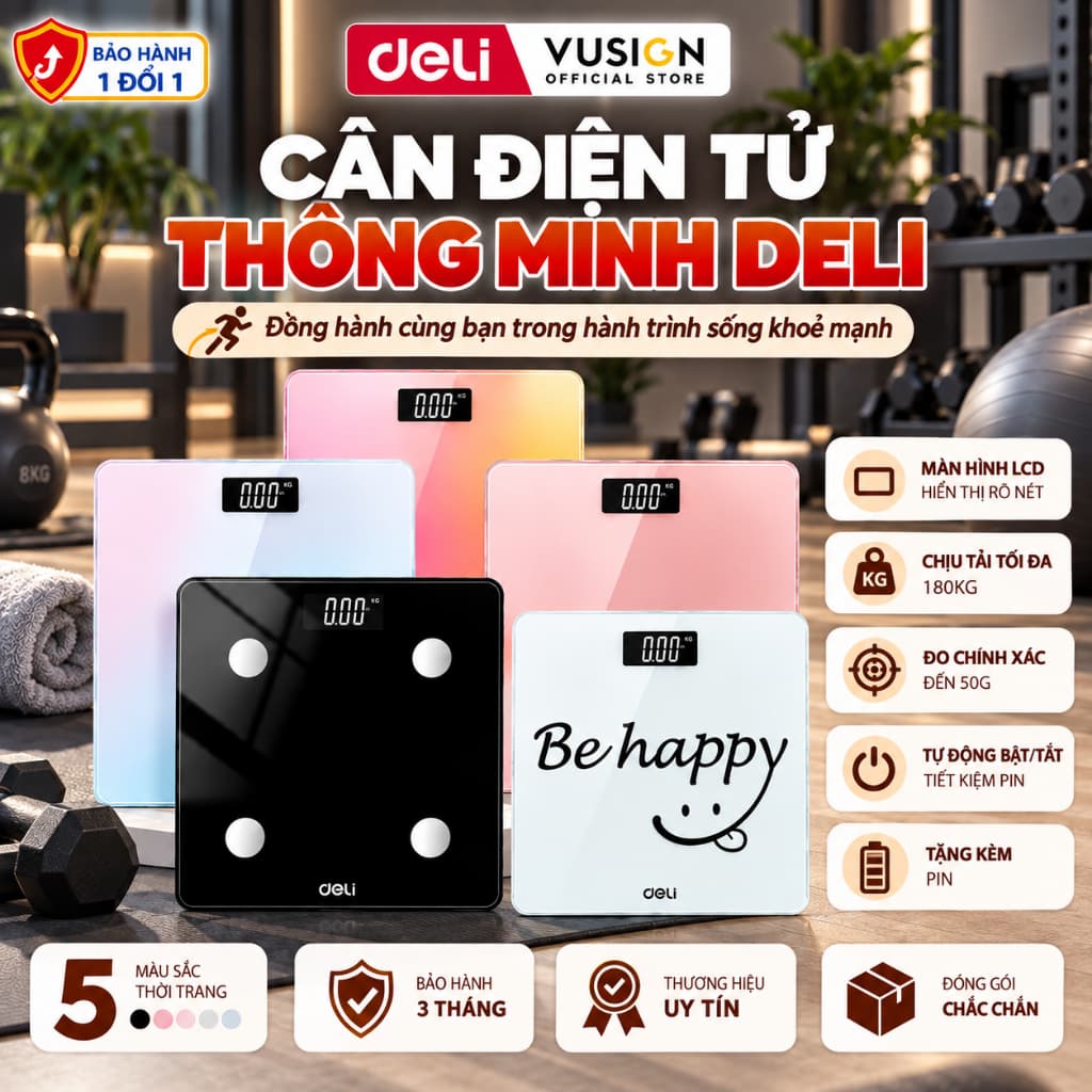 [BÁN CHẠY]Cân Điện Tử Sức Khỏe Deli Chịu Tải 180kg Màn Hình LED Mặt Kính Cường Lực BẢO HÀNH 3 THÁNG KÈM PIN THAY