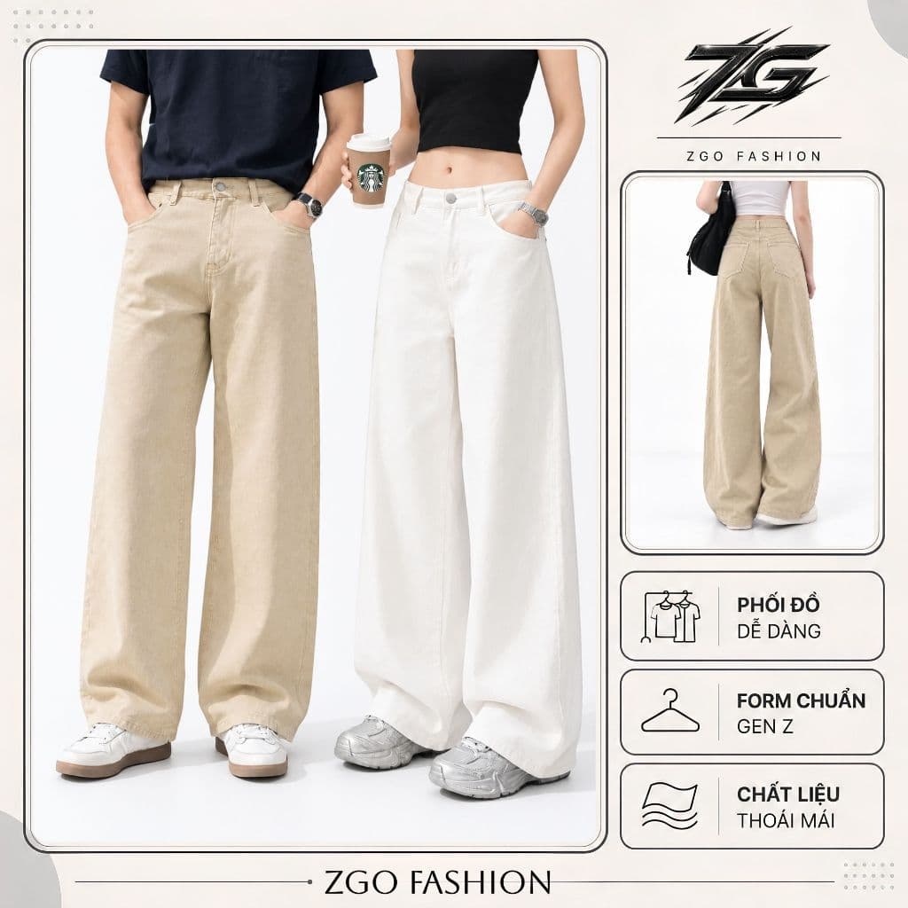 Quần Kaki Jeans ống rộng ZGO dáng suông cạp cao from unisex nam nữ QZG16