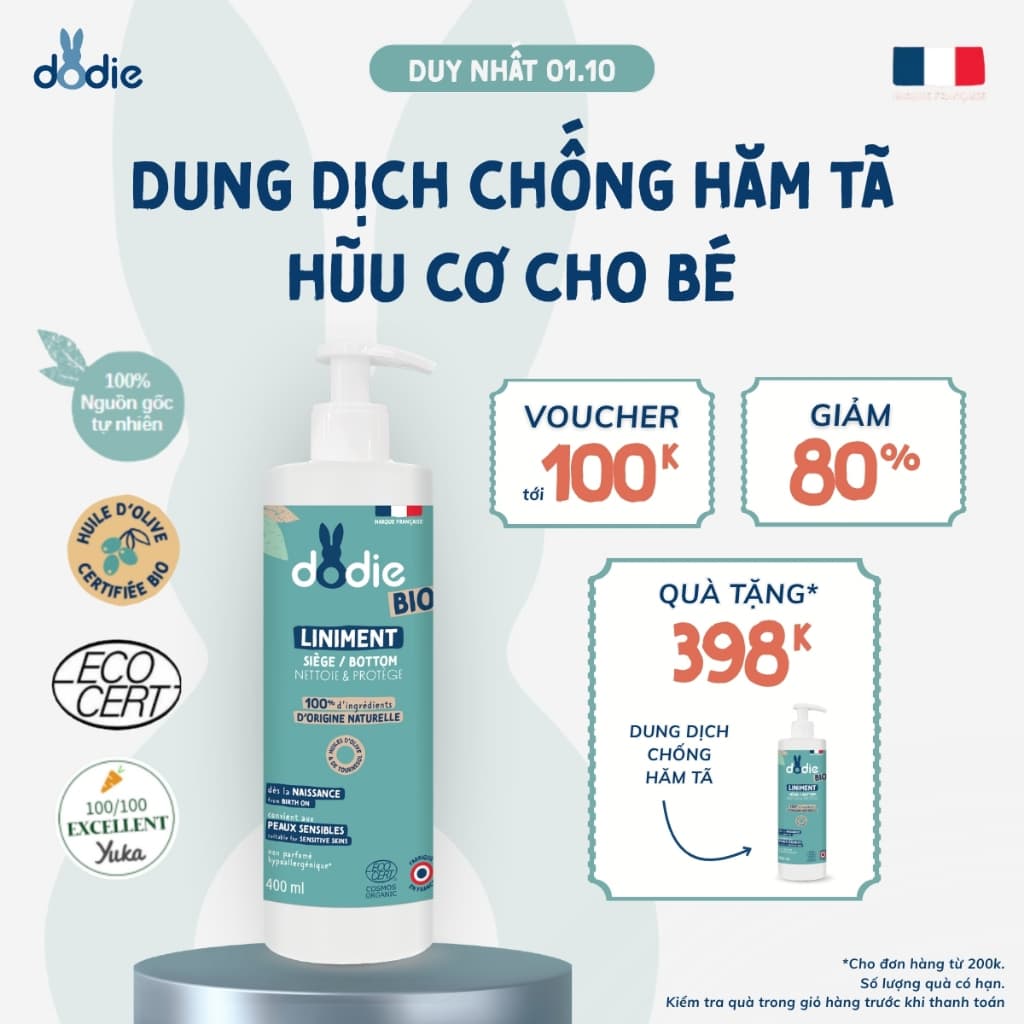 [DODIE] Dung dịch vệ sinh chống hăm tã Hữu cơ Liniment - Không cần rửa nước lại - 400ml [DATE T11/2026]