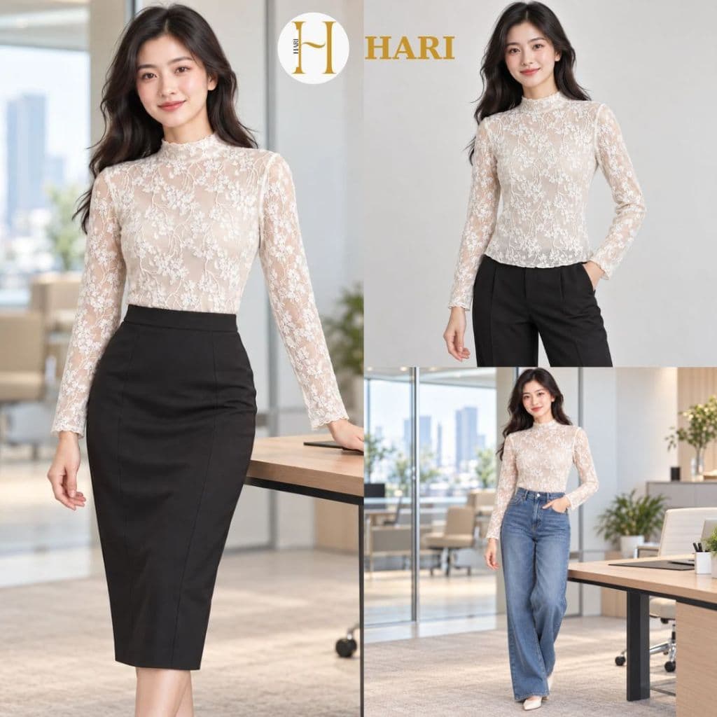 Áo Ren Nữ Dài Tay Họa Tiết Hoa Cổ Bèo Co Giãn Phong Cách Hàn Quốc Thanh Lịch 15 Hari