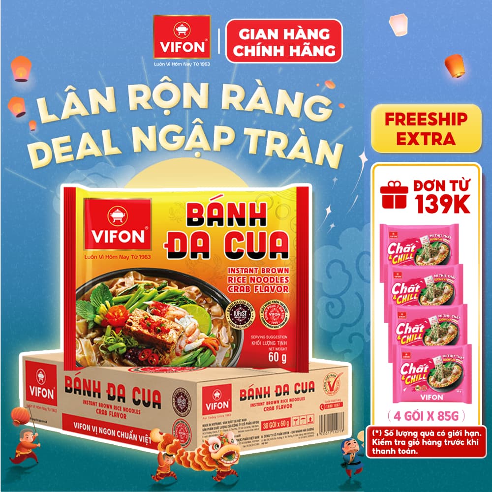 [VOUCHER HOT 10%]Thùng 30 Gói Bánh Đa Cua VIFON 60g Vị Cua Đồng Sợi Dai Đạt Giải Quốc Tế
