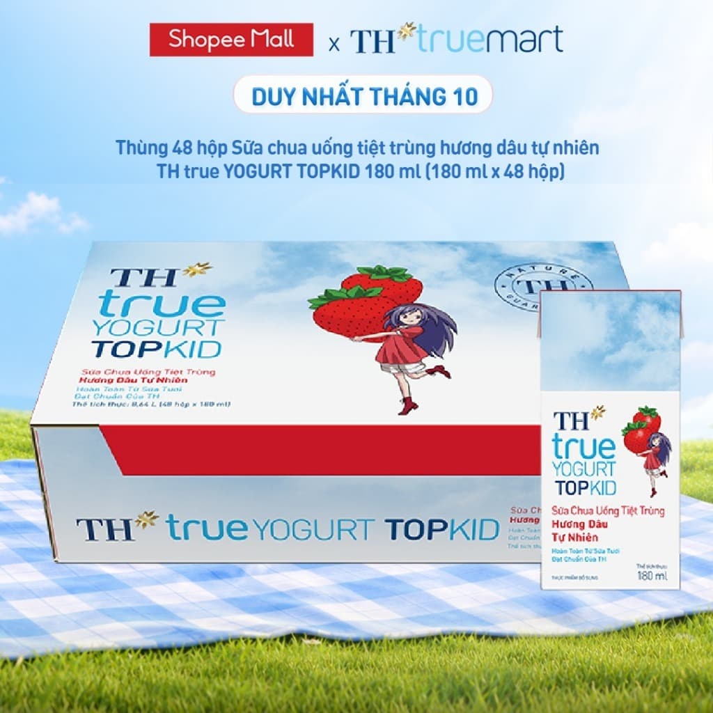 Thùng Sữa Chua Uống Tiệt Trùng TH true YOGURT TOPKID milk Hương Dâu Tự Nhiên 180ml (48 Hộp)