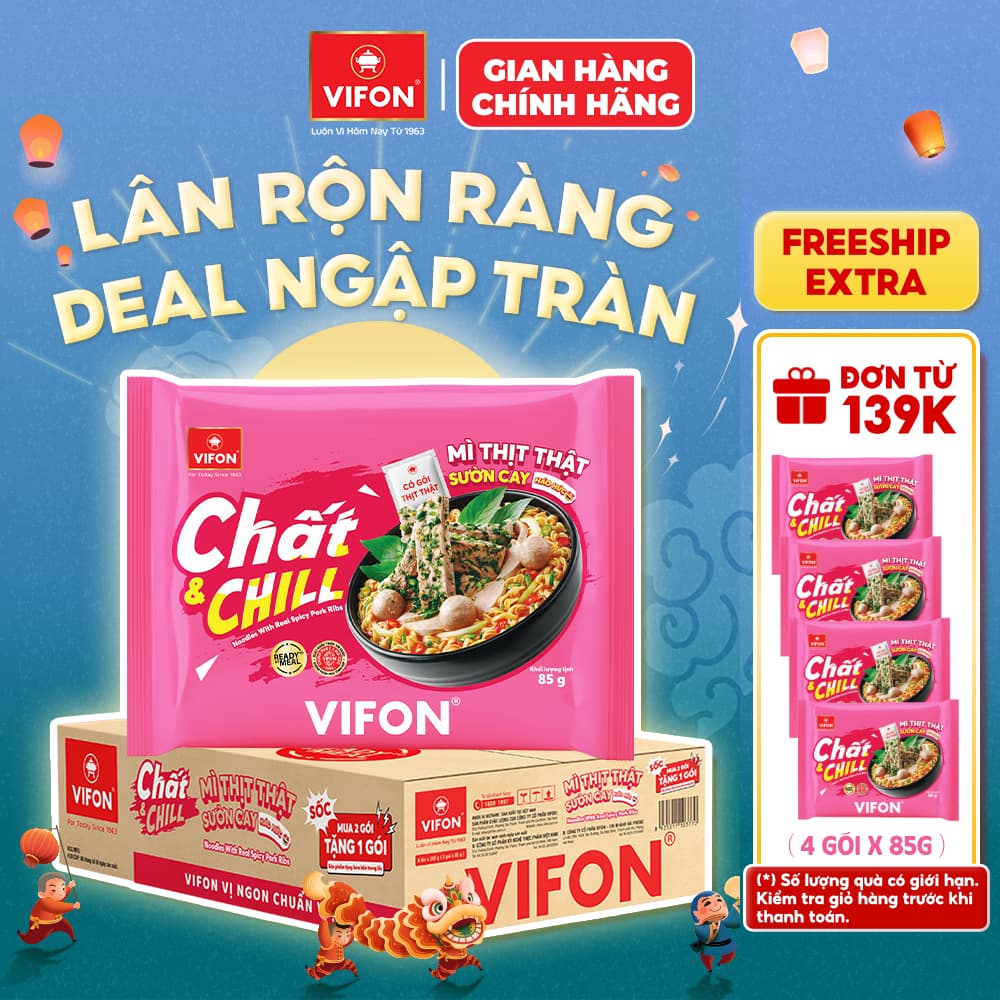[SALE 55% T9D2] Thùng 24 Gói Mì Thịt Thật Sườn Cay / Mì Trộn Ớt Xiêm Xanh Chất & Chill VIFON 85gr Đậm Vị - Tiện Lợi