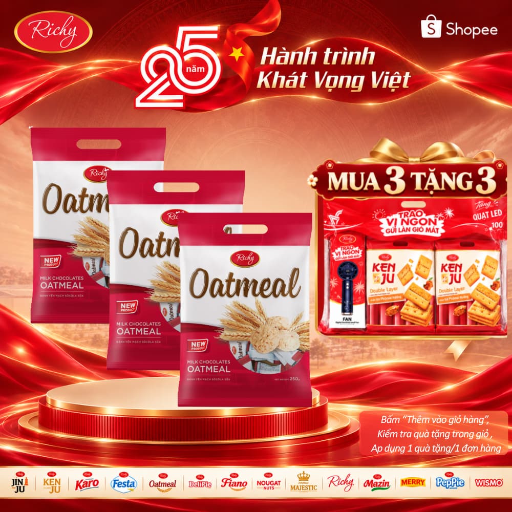 [HỎA TỐC HN] [MUA 3 TẶNG 3 QUÀ] Combo 3 túi bánh yến mạch Oatmeal Richy túi to 220g-250g
