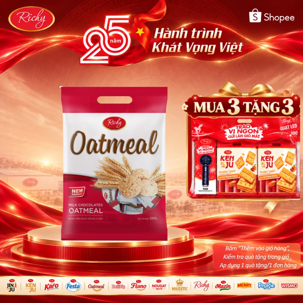 [HỎA TỐC HN] [MUA 3 TẶNG 3 QUÀ] Bánh Yến mạch Richy Oatmeal Túi 250g New