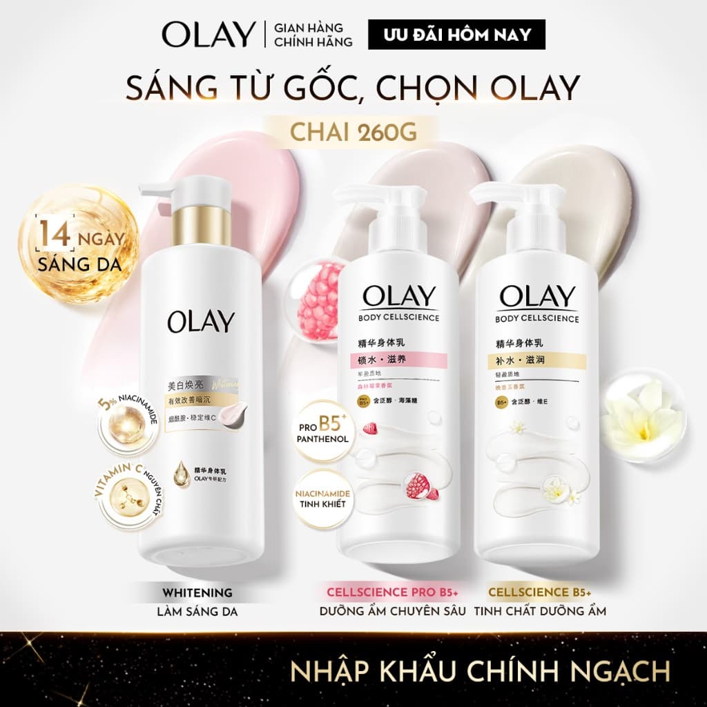 [MỚI] Sữa Dưỡng Thể OLAY Sáng Da Với 5% Niacinamde & Vitamin C/ Dưỡng Ẩm Chuyên Sâu Với Vitamin Pro B5+ 260G