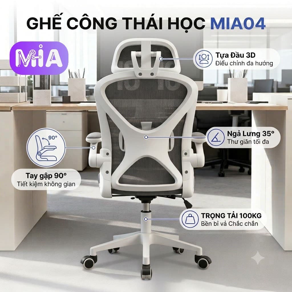 MIA FURNITURE Ghế Công Thái Học Mia04 có gật gù, Ngả Lưng, Di chuyển Linh Hoạt