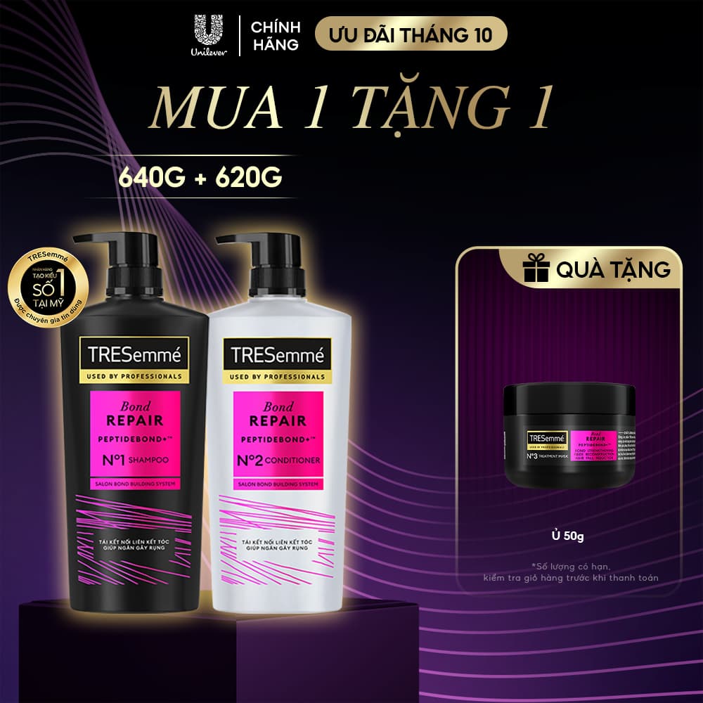 Combo Dầu Gội, Dầu Xả TRESemmé Bond Repair Peptidebond+ Cho Tóc Hư Tổn Giúp Ngăn Gãy Rụng 640g, 620g