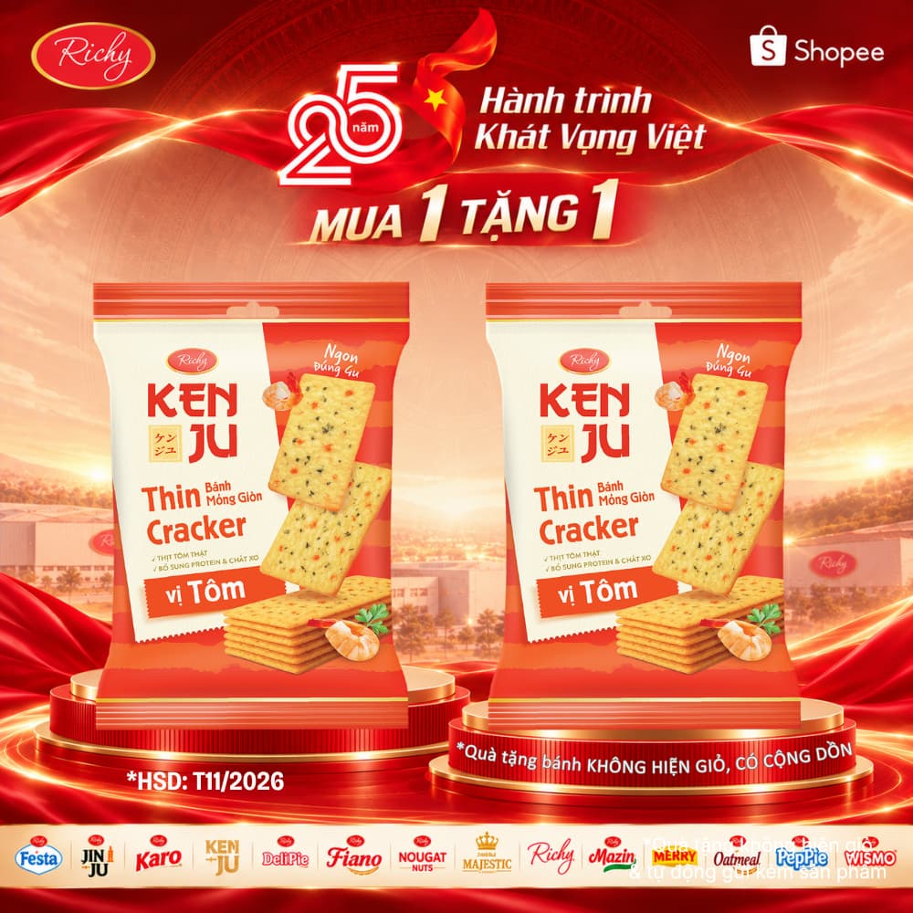 [HỎA TỐC HN] [MUA 1 TẶNG 1 - HSD T11/2026] Bánh Quy Kenju Richy Vị Tôm Giòn Rụm Túi 192g