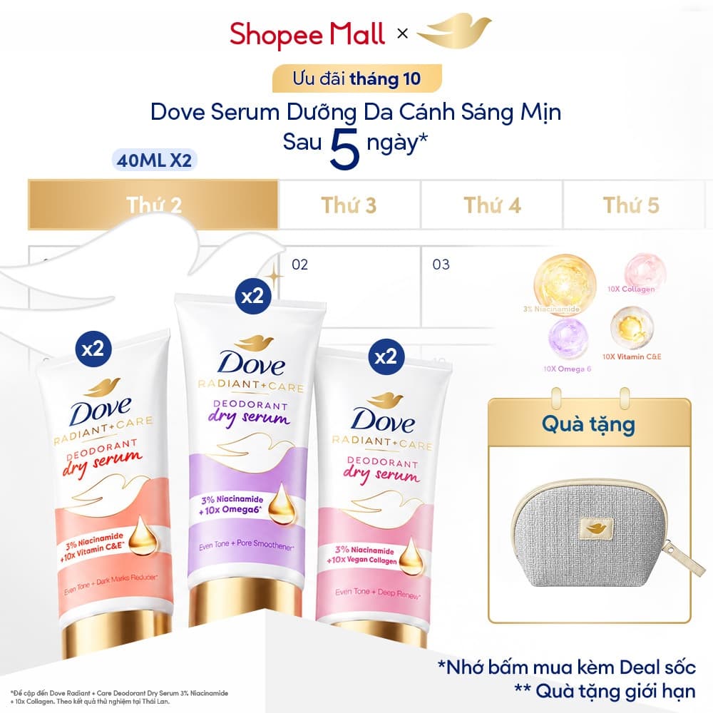 Combo 2 Dove Serum Dưỡng Da Sáng Mịn 3% Niacinamide Khử Mùi Nữ l Mờ Thâm l Sáng Thơm 40ml