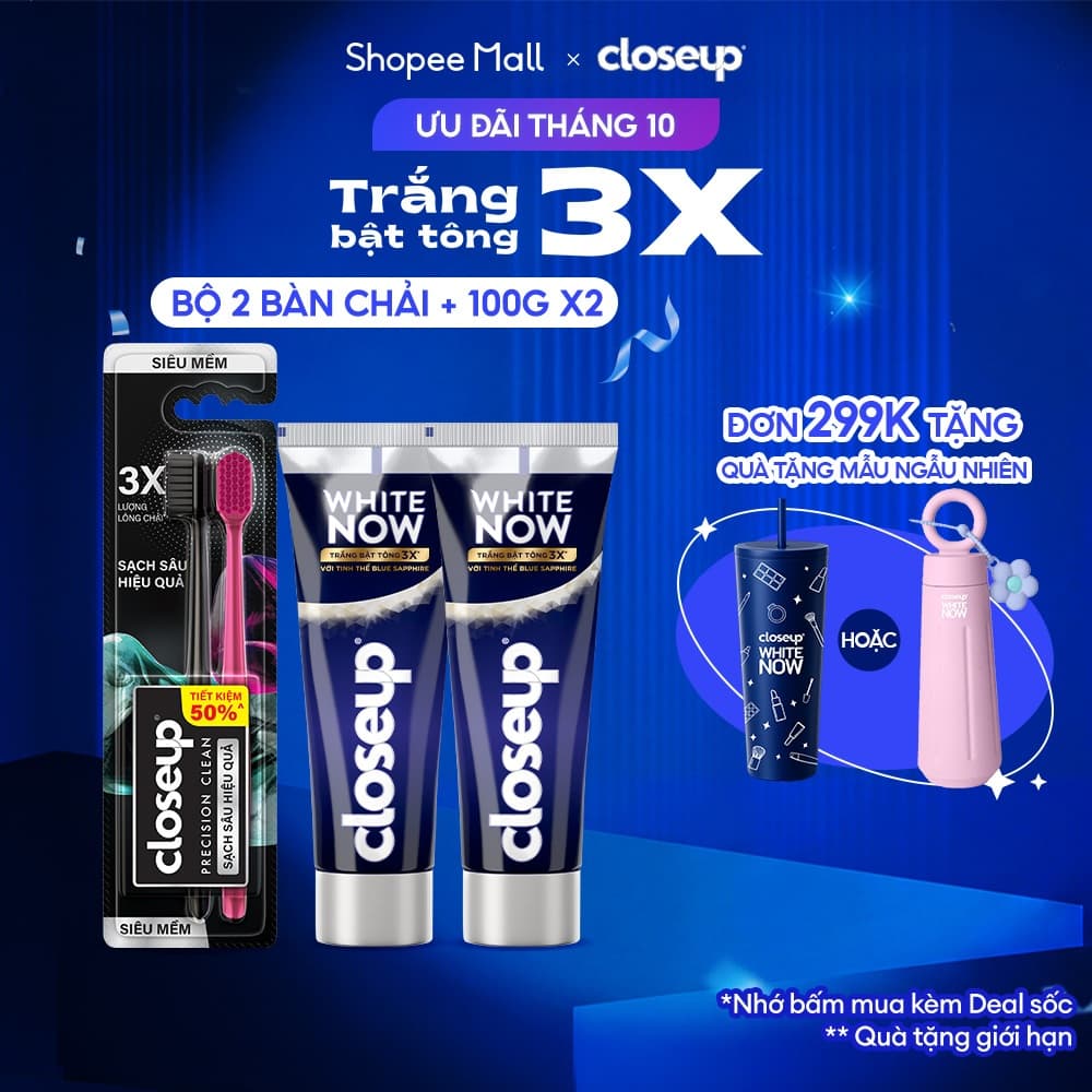 Bộ 2 Kem Đánh Răng và Bàn Chải Closeup - White Now Răng Trắng bật tông 3x Tức thì 100g và Precision Clean siêu mềm