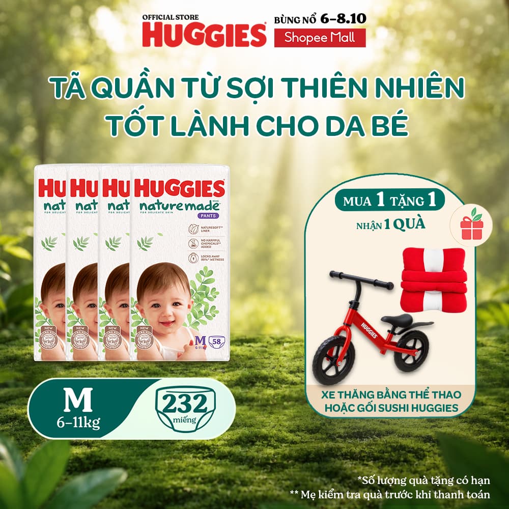 Combo 4 Tã Quần Huggies Platinum Nature Made M58/L44/XL38/XXL26/XXXL28
