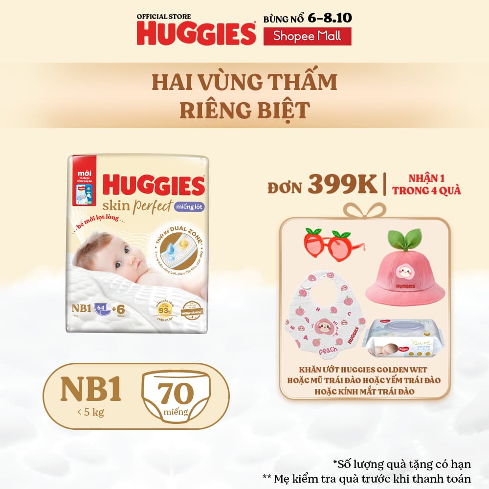 Miếng lót sơ sinh Huggies Skin Perfect NB1 64+4 miếng với 2 vùng thấm giảm kích ứng da