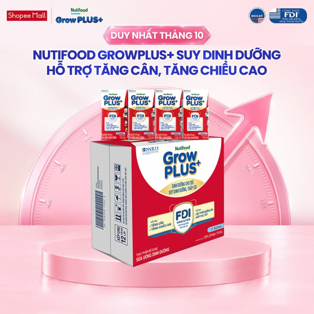 Thùng 24 hộp SBPS Nutifood GrowPLUS+ Suy Dinh Dưỡng (Đỏ) Ít đường 110ml - Tăng Cân, Tăng Chiều Cao (Bao bì tùy lô hàng)