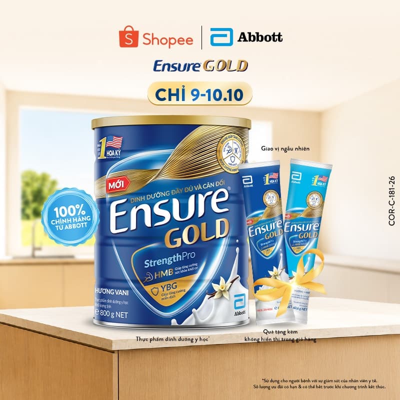 [Tặng 2 gói dùng thử bất kì] Sữa bột Ensure Gold hương Vani 800g (Bao bì thay đổi theo từng đợt nhập)