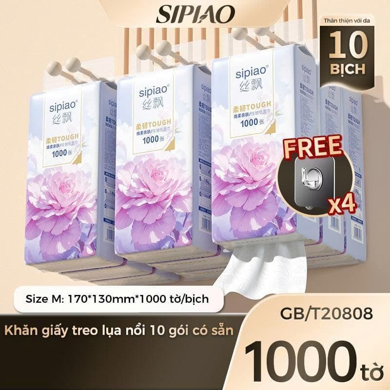 Thùng 10 Bịch Giấy Treo Đa Năng SIPIAO Mẫu Đơn, Khăn Rút Treo Trường 4 Lớp mỗi bịch 1000 Tờ Loại 1, Tặng Kèm Móc Treo