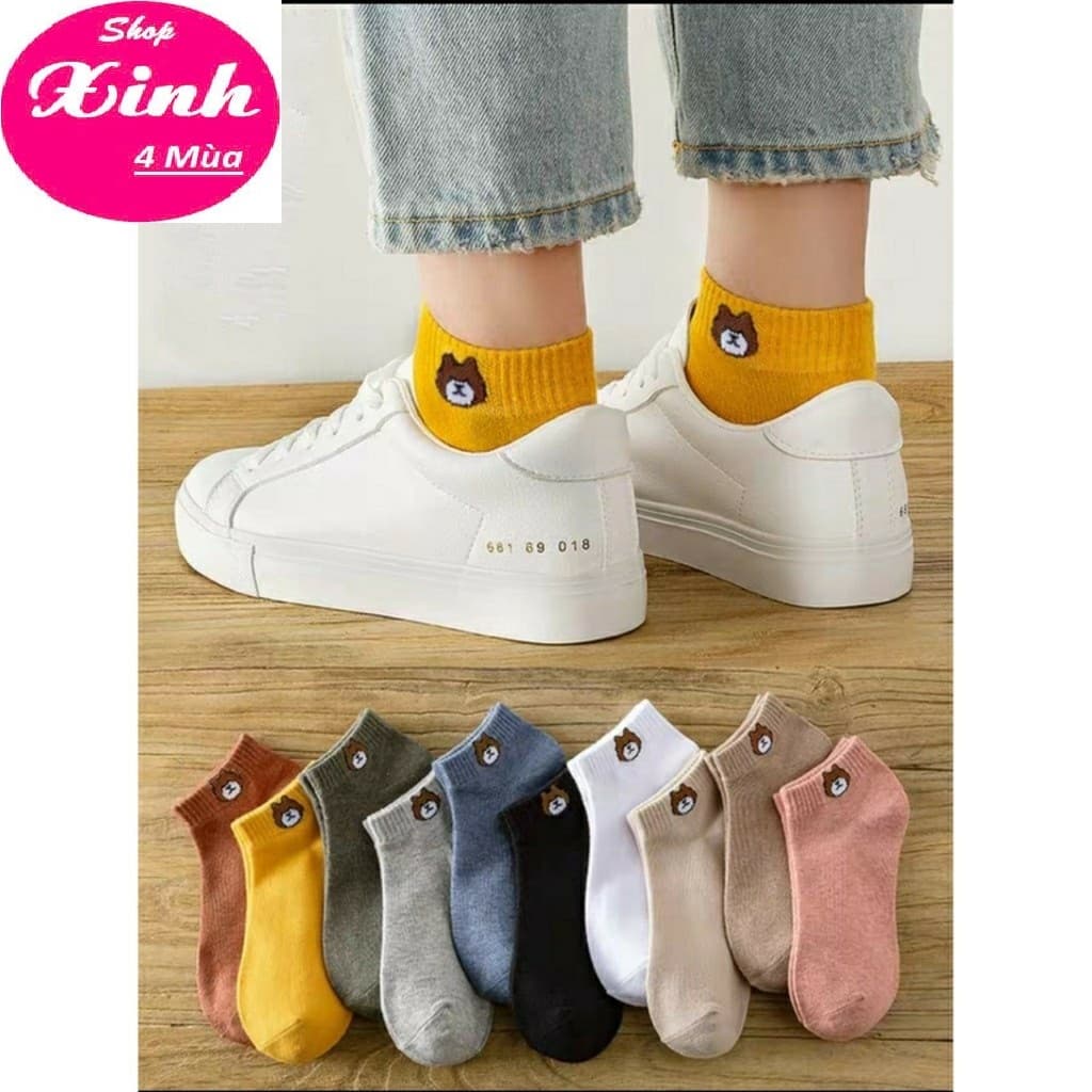 (Set 10) Đôi tất Gấu Broun cổ ngắn nhiều màu thời trang chất Cotton mềm thoáng thấm hút (V21SX4M)